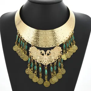 Exquisite vintage multi-layer peacock bib necklace with green crystals and gold coin fringe.