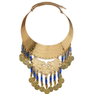 Vintage gold peacock coin tassel statement collar necklace ethnic boho bib jewelry for women