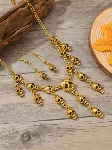 Vintage Halloween Gold Totenkopf Mehrschichtige Halskette Ohrringe Set Gothic Schmuck Party