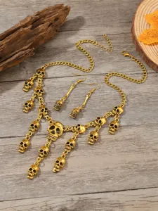 Halloween Vintage übertrieben mehrschichtig Gold Totenkopf Halskette Ohrringe Set