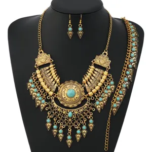 Vintage ethnic style gold-plated turquoise necklace earrings set for fashion jewelry.