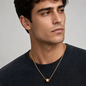 Minimalist stainless steel square pendant necklace for men, sleek gold chain fashion jewelry.