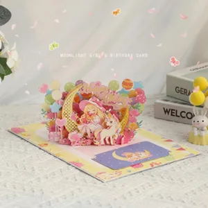 Carte d'anniversaire pop-up 3D exquise avec fille de lune et licorne en papier.