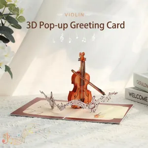 Carte de vœux pop-up violon 3D, carte musicale en papier artisanal pour cadeaux de fête.