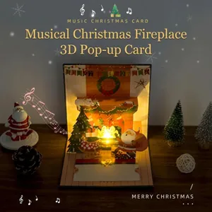 Détails de carte pop-up 3D de Noël, sculpture sur papier design cheminée avec lumière et musique.