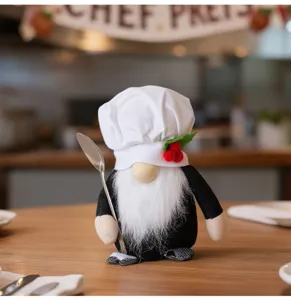 Peluche gnomo cuoco decorazione, simpatico giocattolo senza volto con cappello da chef per cucina.