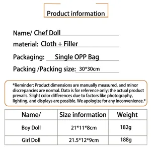 Tabella dei dettagli delle specifiche di dimensioni e materiale della bambola di peluche chef.