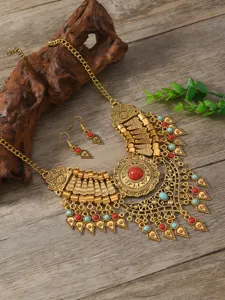 Vintage ethnic gold-tone bib necklace and earrings set with colorful stone charms boho jewelry