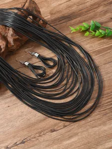 Böhmisches mehrschichtiges schwarzes Wachsseil Halskette Ohrringe Set handgemacht Schmuck