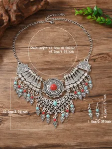 Retro bohemian silver alloy necklace earrings set with vibrant turquoise and red stone drops.