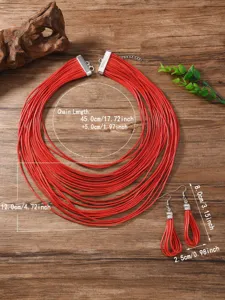 Handgemachte rote mehrsträngige Wachsschnur Halskette Ohrringe Set Modeschmuck 45+5cm