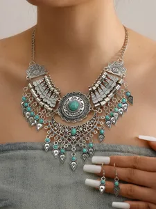 Vintage ethnic turquoise statement necklace and matching earrings set for women fashion jewelry.