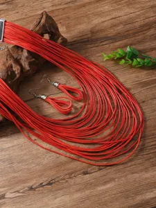 Handgemachte mehrschichtige rote Wachskordel Halskette und passende Ohrringe Set Modeschmuck