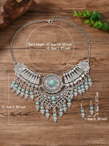 Vintage bohemian turquoise bib necklace and matching earrings set with detailed size specs.