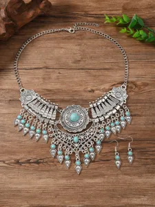 Vintage bohemian turquoise metal bib necklace and earrings set for women retro style jewelry.