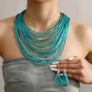 Modische mehrschichtige Wachskordel Halskette und Quasten Ohrringe Schmuck Set fur Damen