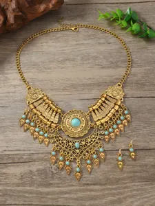 Vintage ethnic style statement necklace and earrings set with turquoise beads for women.