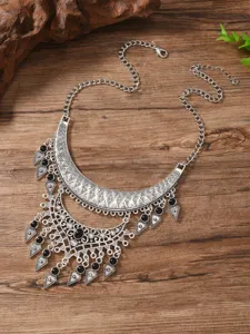 Böhmische silberne Statement Latzhalskette mit schwarzen Steinen Strass Damen Schmuck