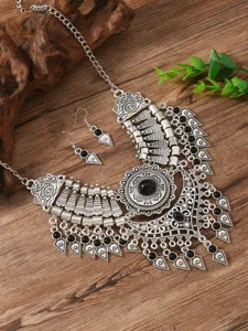 Bohemian vintage silver-tone layered necklace earrings jewelry set with black stones.