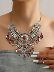 Boho vintage silver statement necklace and earrings set with red beads for women fashion.