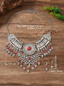 Vintage ethnic style alloy red stone statement necklace earrings set with tassel details