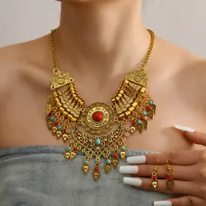 Retro Ethnic Style Water Drop Tassel Necklace Earring Set Bohemian Zinc Alloy Jewelry Set For Women Vintage Sweater Chain