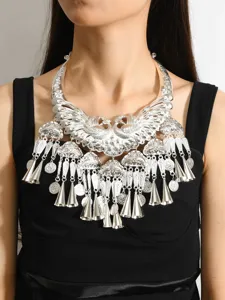 Ethnic Miao silver collar necklace with peacock and bell pendants for cultural performance.
