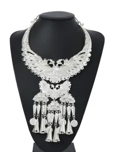 Ethnic Miao style silver double peacock tassel necklace collar stage performance jewelry accessory