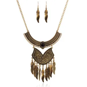 Vintage gold alloy necklace and feather tassel earrings detail shot with intricate tribal design.