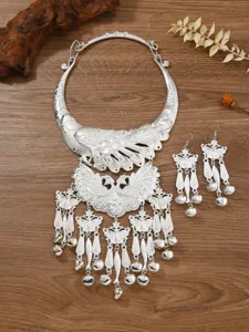 Ethnic Miao silver peacock collar necklace and tassel earrings set for dance detail.