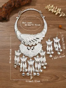 Ethnic Miao Silver Peacock Necklace Earrings Set with Tassels and Bells Jewelry