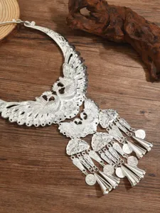 Ethnic style Miao silver double peacock tassel collar necklace for stage performance details
