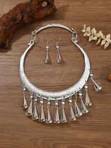 Ethenischer Retro Miao Silber übergroßer Kragen Halskette und Quasten Ohrringe Set.
