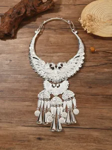 Ethnic Miao style silver double peacock tassel collar necklace stage performance jewelry accessory