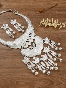 Ethnic Miao Silver Peacock Necklace Tassel Earrings Set Traditional Dance Jewelry Accessory