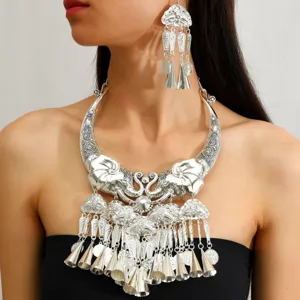 Ensemble Collier Boucles d'Oreilles Pendentif Éléphant Argent Miao Ethnique Ras du Cou Gland Cloche Bohème pour Bijoux Femme Spectacle Danse