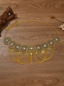 Bohemian vintage gouden munt kwast buikdans taille ketting detailweergave, etnische metalen riem.