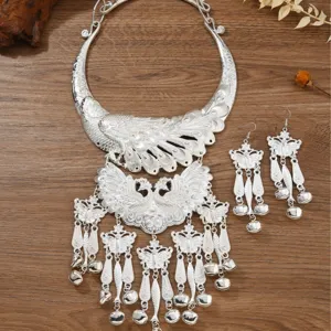 Traditional ethnic Miao silver peacock collar necklace and tassel earrings jewelry set for dance.