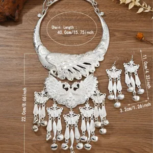 Ethnic style Miao silver peacock necklace and tassel earrings set for women dance accessories