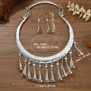 Ethisches Retro-übertriebenes Miao-Silber-Quasten-Halsketten-Ohrringe-Set für Damen.