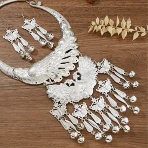 Ethnic style silver peacock necklace earrings set Miao traditional dance jewelry tassel accessories
