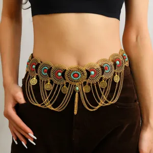 Bohemian Etnische Stijl Kwastje Munt Buikdans Tailleketting Voor Dames Antiek Goud Strass Gegraveerde Metalen Plaat Lichaamsketting Sieraden Accessoire