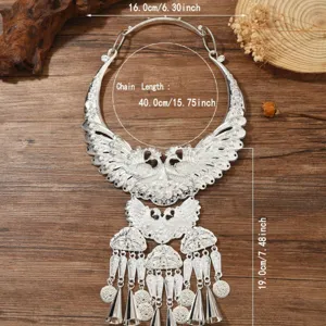 Miao ethnic silver double peacock tassel collar necklace, traditional stage performance jewelry.