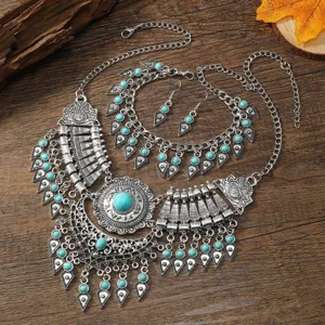 Bohemian ethnic turquoise necklace bracelet earrings set, vintage silver jewelry display.