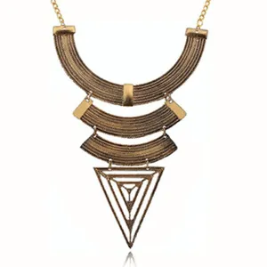 Vintage multi-layer geometric statement necklace with unique triangle pendant for women.