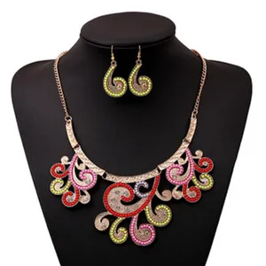 Vintage multi-color rhinestone statement collar necklace and matching earrings set for daily wear