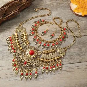 Vintage Ethnic Style Alloy Necklace Choker Earrings Three-Piece Set Drop Tassels