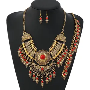Detailed view of retro ethnic jewelry set showcasing intricate gold metalwork and red beaded design.