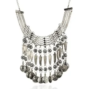 Vintage silver multi layer coin bib necklace retro statement necklace for women fashion jewelry detail.