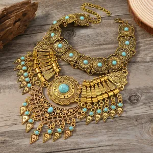 Vintage Zinklegierung Quaste Statement Schmuckset Für Damen Ethno Hohlgeschnitzt Wassertropfen Strass Choker Layered Kette